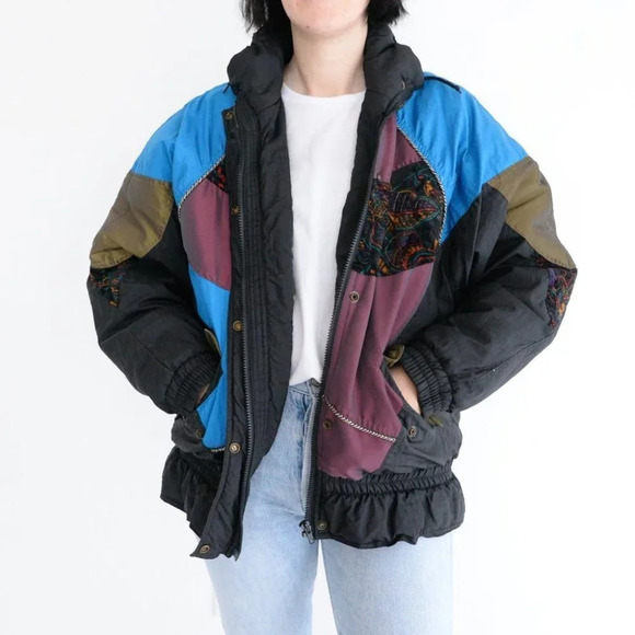 Vintage 90's ISPO Blue & Black Patchwork Funky Puffer Zip Up Winter Jacket S - Picture 1 of 15